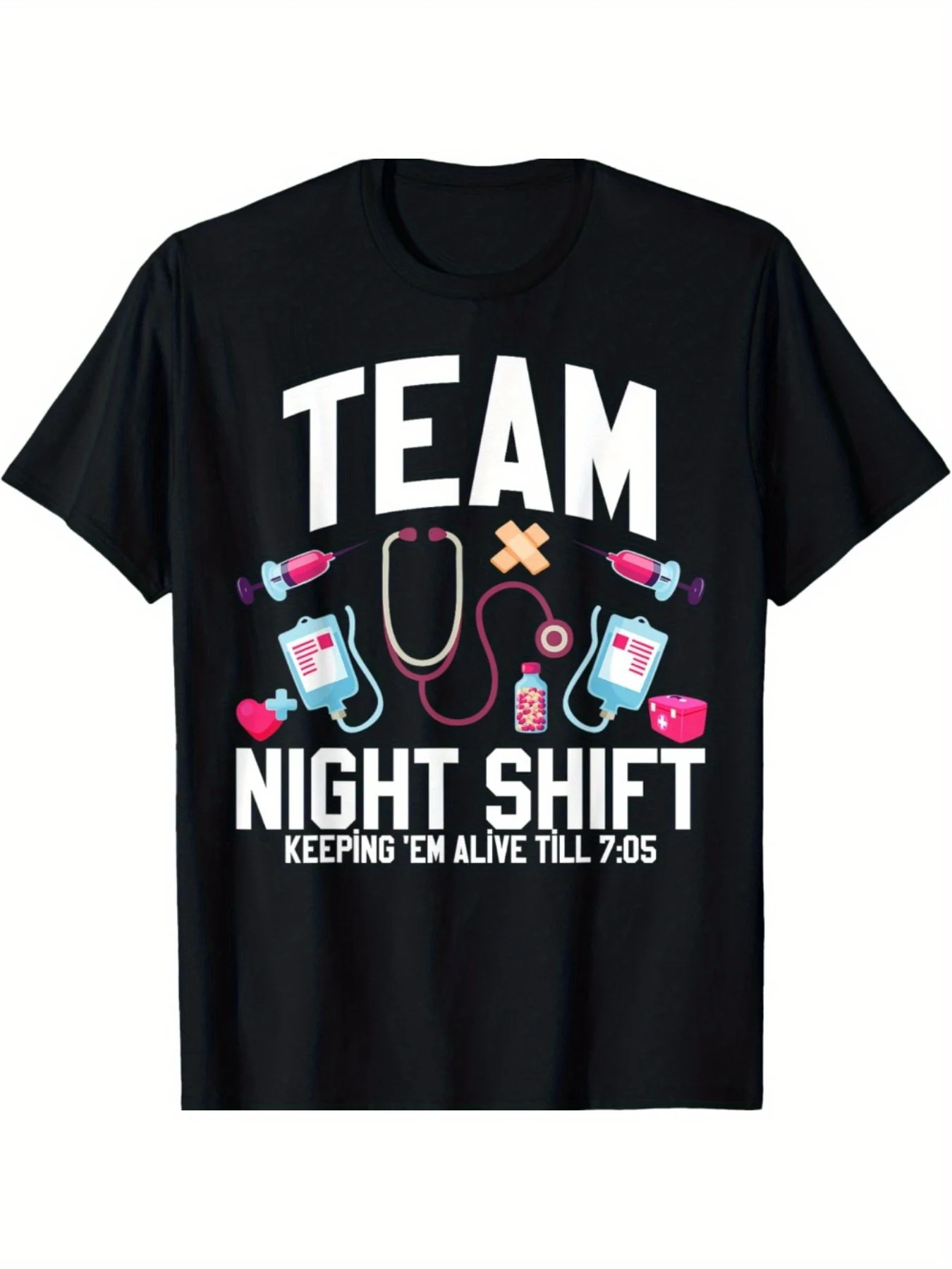 

1Pc Team Night Shift Nurse Practitioner Cotton T-Shirt - 100% Cotton Round Neck Top with Patch Casual Knitted Fabric Slightly Stretched