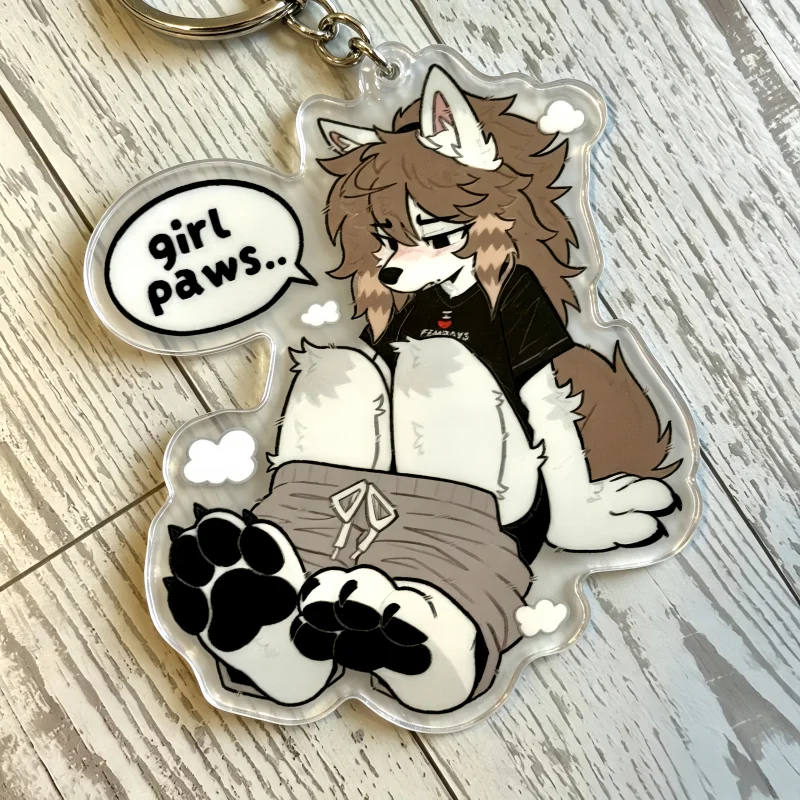 Fry Wolf Dog - Mädchenpfoten Flauschiger Acryl-Schlüsselanhänger Niedlicher Anthro Fursona Wolf Charakter Schlüsselring Tier-Taschenanhänger Geschenk für Fans