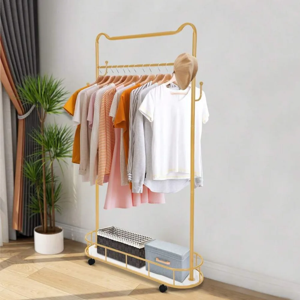 Freestanding Carbon Steel Cat Ear Coat Rack with Cactus Shaped Hooks and Bottom Storage Basket, 4 Universal Casters including 2 Brake Wheels for Easy Mobility, Max 66.14 Lbs Rod Load and 44.09 Lbs Basket Load, Cute Garment Organizer with Hanging Rail for