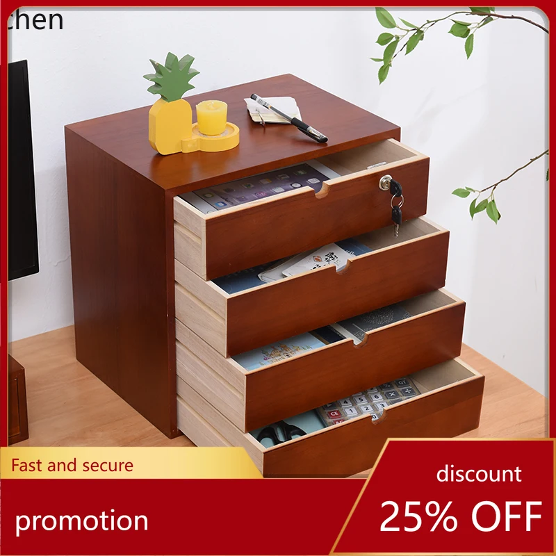 PYH Desktop Storage Box Drawer-Type Wooden Organizer Multi-Layer Document Home Use Lockable Storage Box