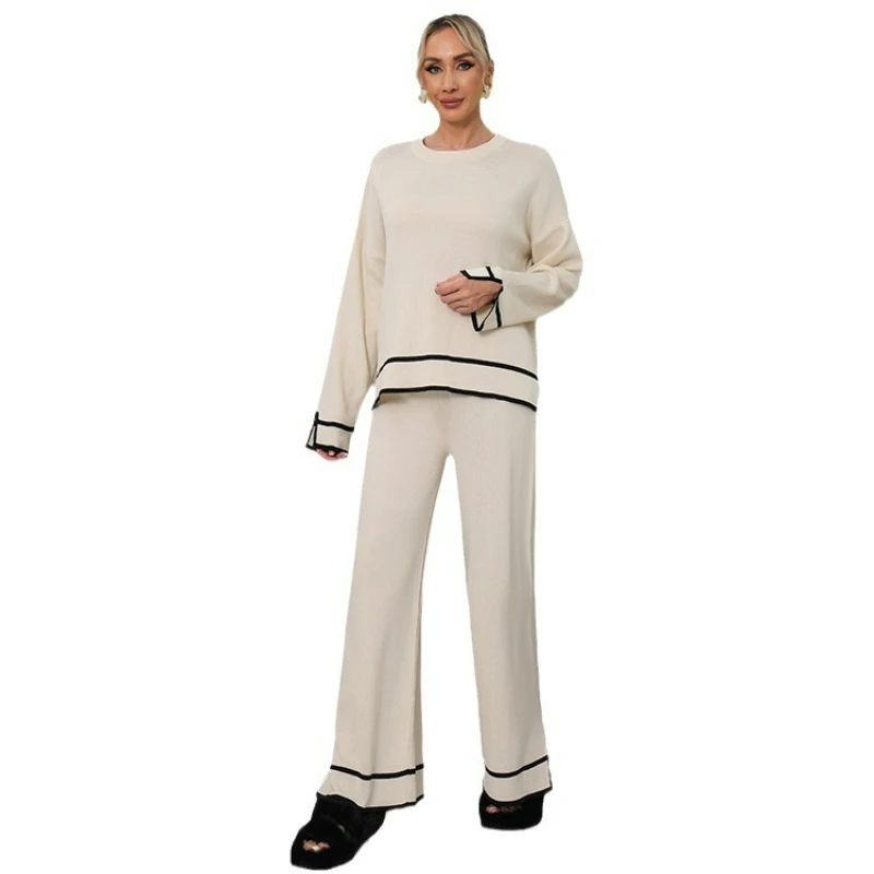 Two Piece Pant Sets Women Knit Thick Sweater Full Sleeve Round Neck Loose Casual Wide Leg Pants Solid Splice Lady autumn winter