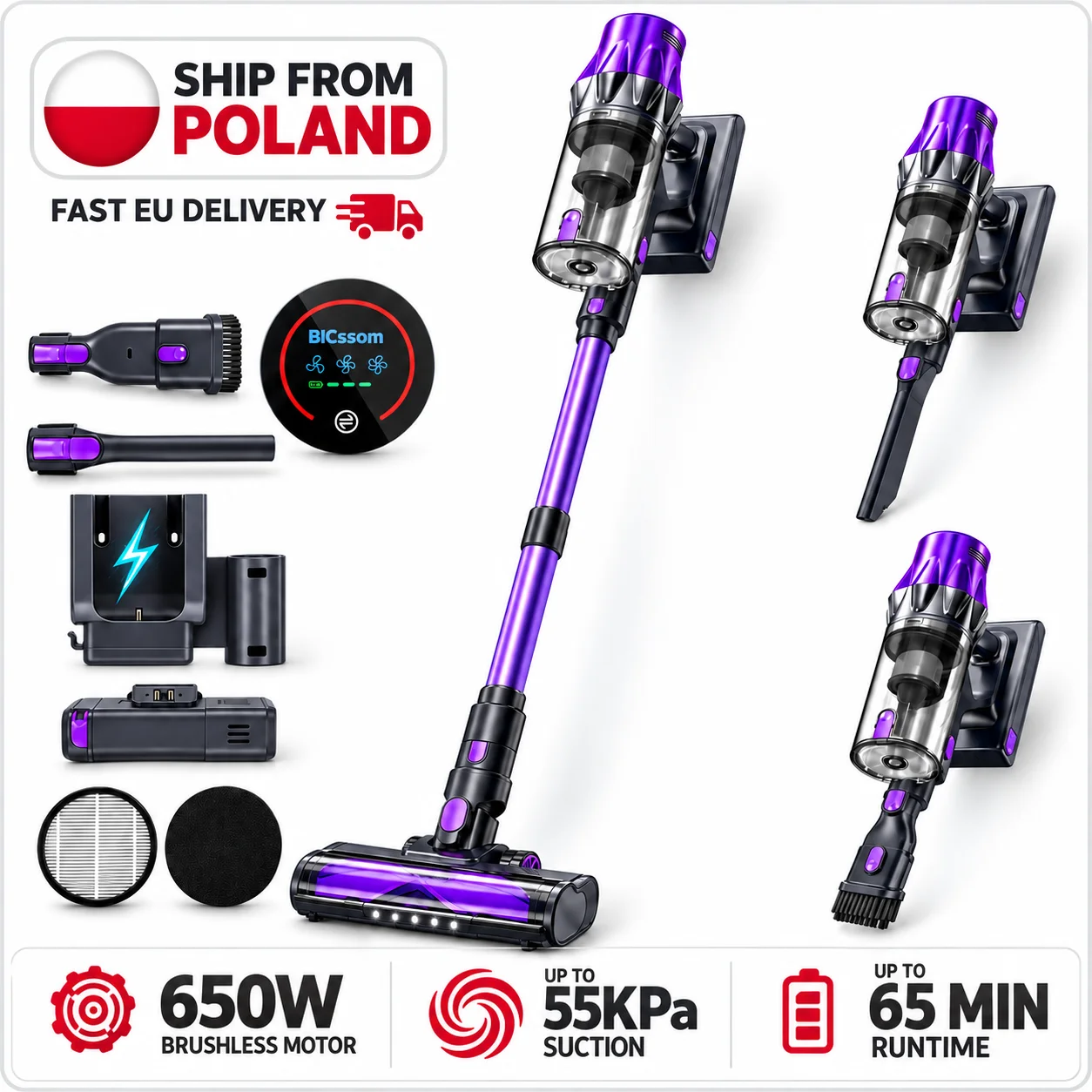 Blossom V20 Akku-Staubsauger, 650W bürstenloser Motor, bis zu 55KPa starke Saugkraft, 65 Minuten Laufzeit, 1,5L Staubbehälter, herausnehmbarer Akku, LED-Stabstaubsauger für Teppich, Hartboden,
