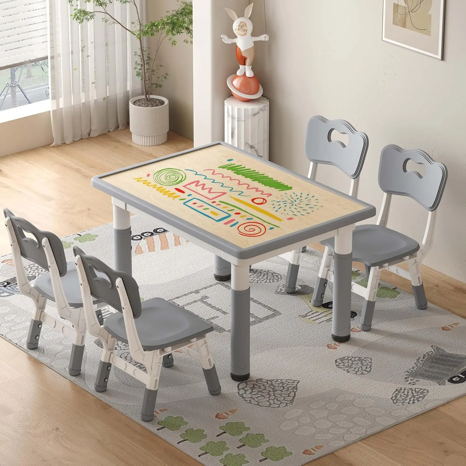 Kids Table and Chairs Height Adjustable, Toddler Table and Chairs, 31.5''L x 23.6''W Graffiti Table with 4 Chairs, for Reading