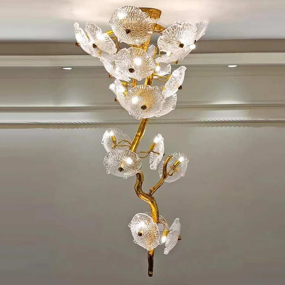 الديكور الحديث فيلا ردهة الفندق الفاخرة الزجاج الكريستال ضوء السقف الباعثة للضوء ديود لوتس ليف الحديثة عالية ثريا تركب بالسقف #2