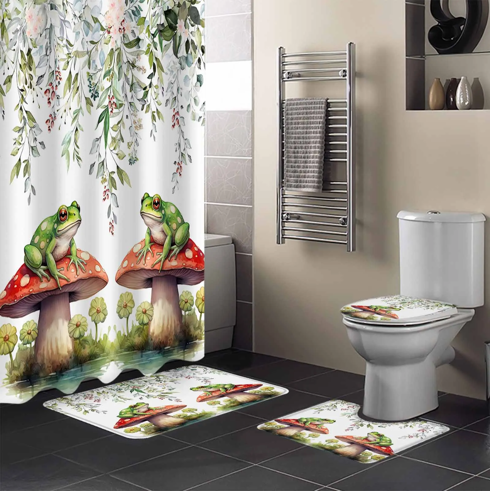 Frog Mushroom Flower Watercolor Shower Curtain Non-Slip Rugs Toilet Lid Cover and Bath Mat Bathroom Curtains with Hooks