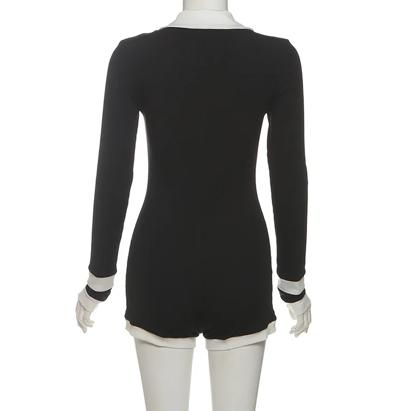 Color Patchwork Ribbed Skinny Playsuits 2025 Autumn Women Fashion Polo-neck Long Sleeve Buttons Slim Casual Rompers Streetwear