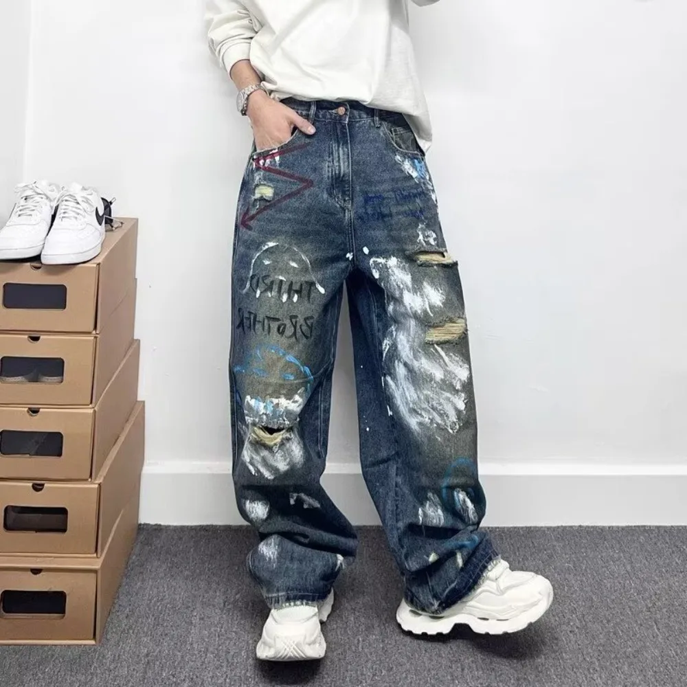 

American High Street Ripped Hip-hop Men's Jeans Fashion Retro Gothic Graffiti Baggy Denim Pants for Men Y2k Streetwear