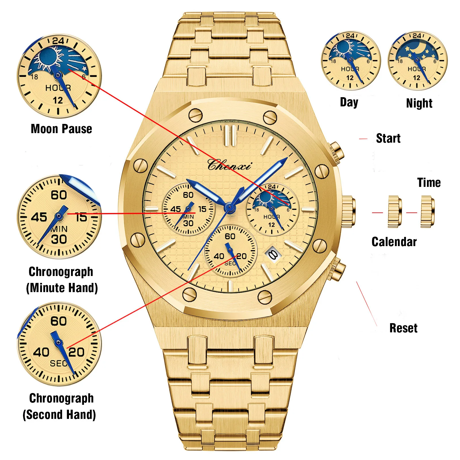 Reloj de pulsera de cuarzo para hombre, cronógrafo dorado de lujo, de acero inoxidable, resistente al agua, informal, de negocios