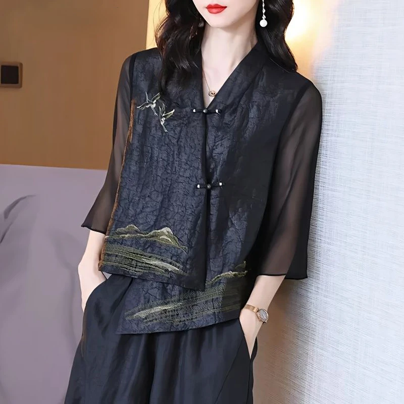 Women Silk Vintage Embroidered Asymmetrical Blouses Spring Summer Elegant Chinese Style Design Cardigan Shirts Blusa Mujer Moda