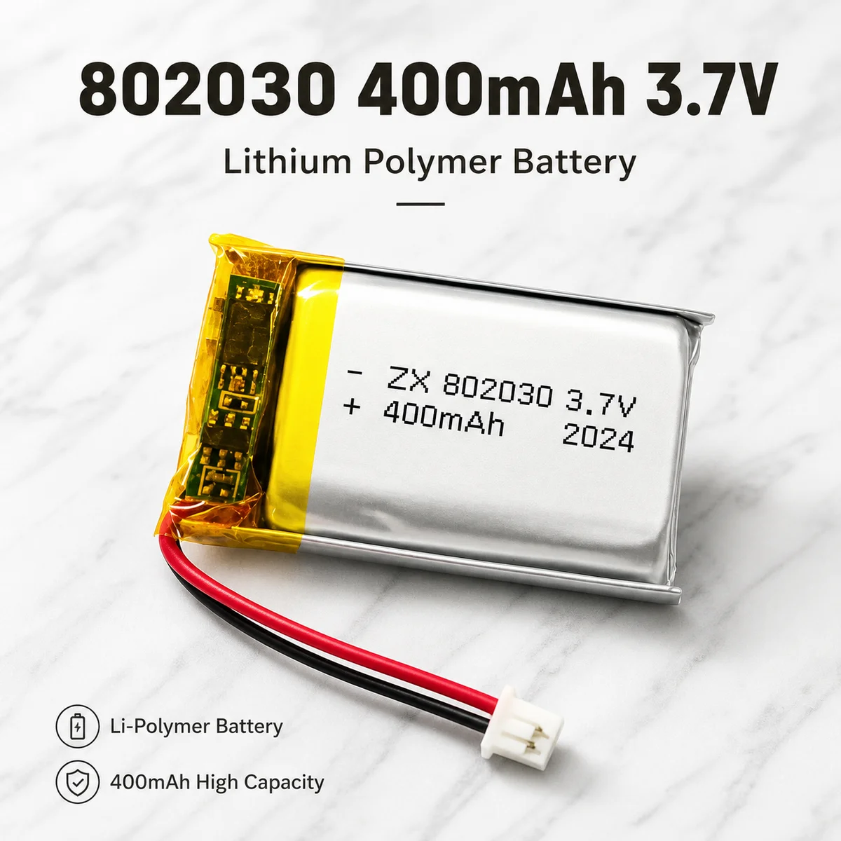3.7V 400mAh 802030 LiPo Rechargeable Battery Cell, Lithium Polymer Replacement for LED Light Beauty Device Toy