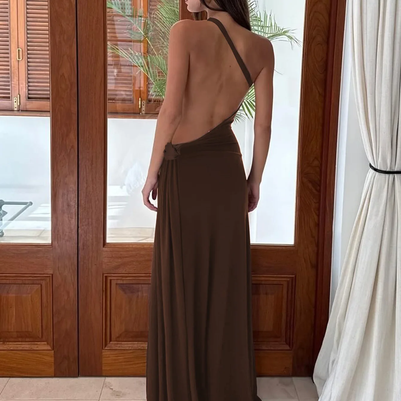 Vestido E y Moderno para Mujer, con Hombros Descubiertos, Espalda Descubierta, Decoración Metálica, Falda Ajustada de ...