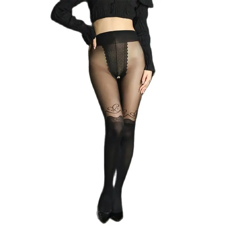 Collants à entrejambe ouvert pour femmes, nouveaux modèles sexy, de haute qualité, noir, imprimé floral, ceinture, faux bas transparents