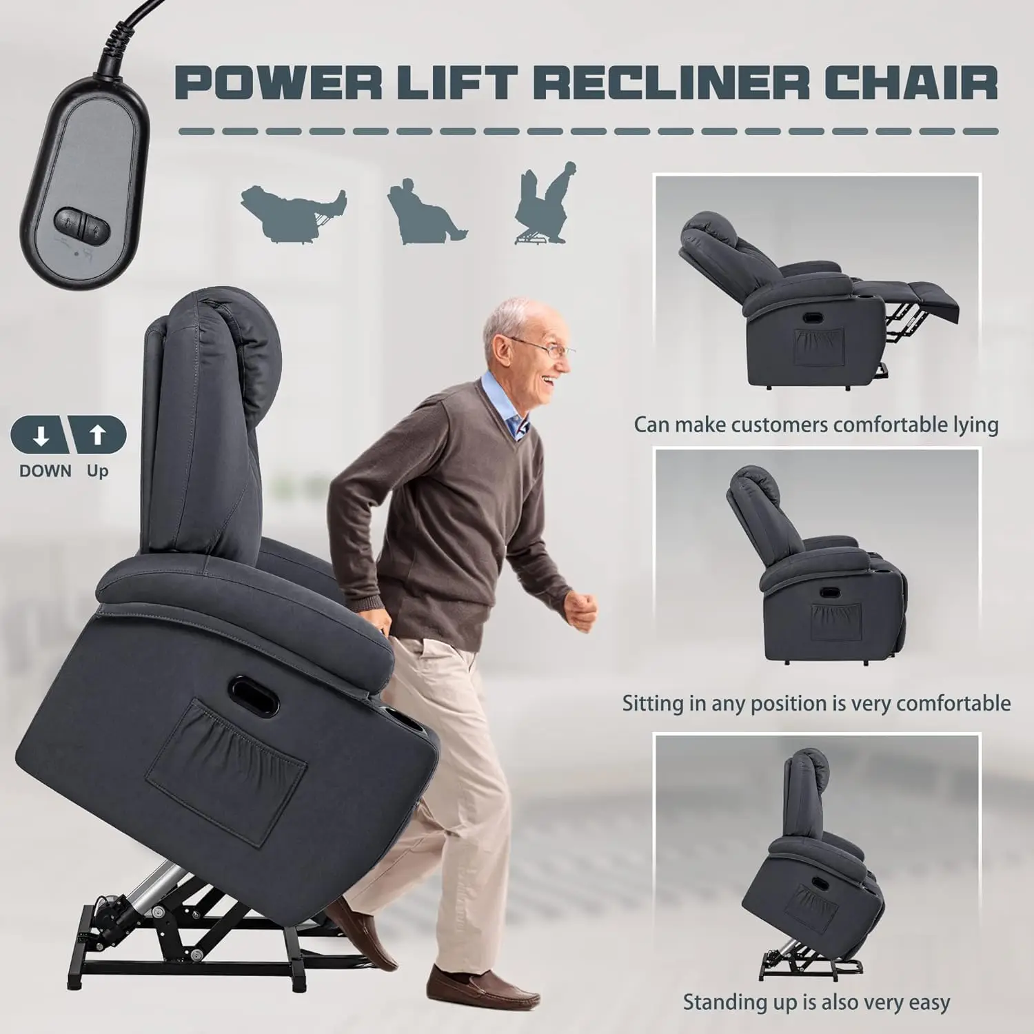 Power Lift Recliner Chair for Elderly Faux Leather Modern Reclining Sofa Chair with Cup Holders Remote Control