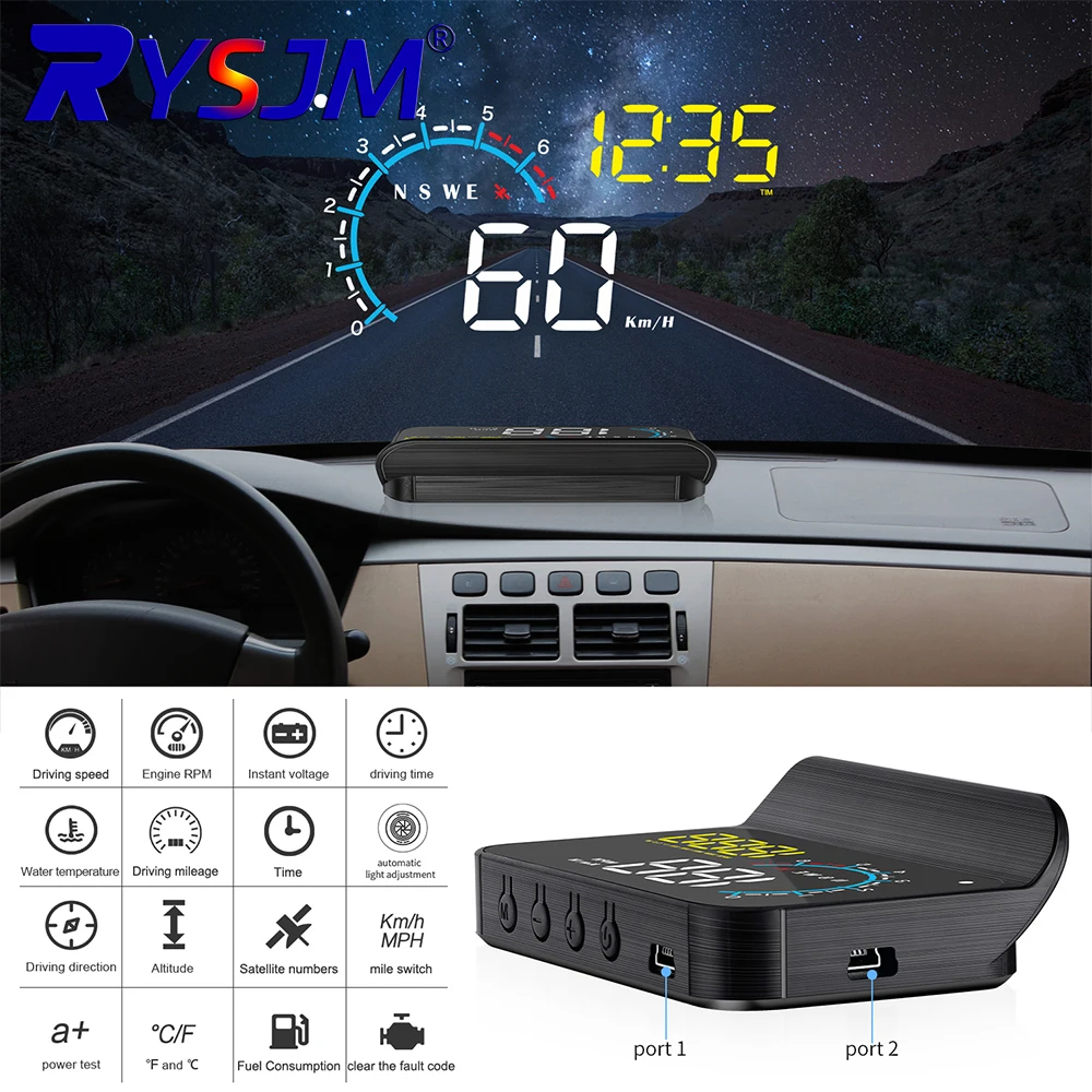 M12 OBD+GPS HUD Car Head Up Display Digital GPS Speedometer Water temp RPM Voltage Security Automatic Alarm Windshield Projector