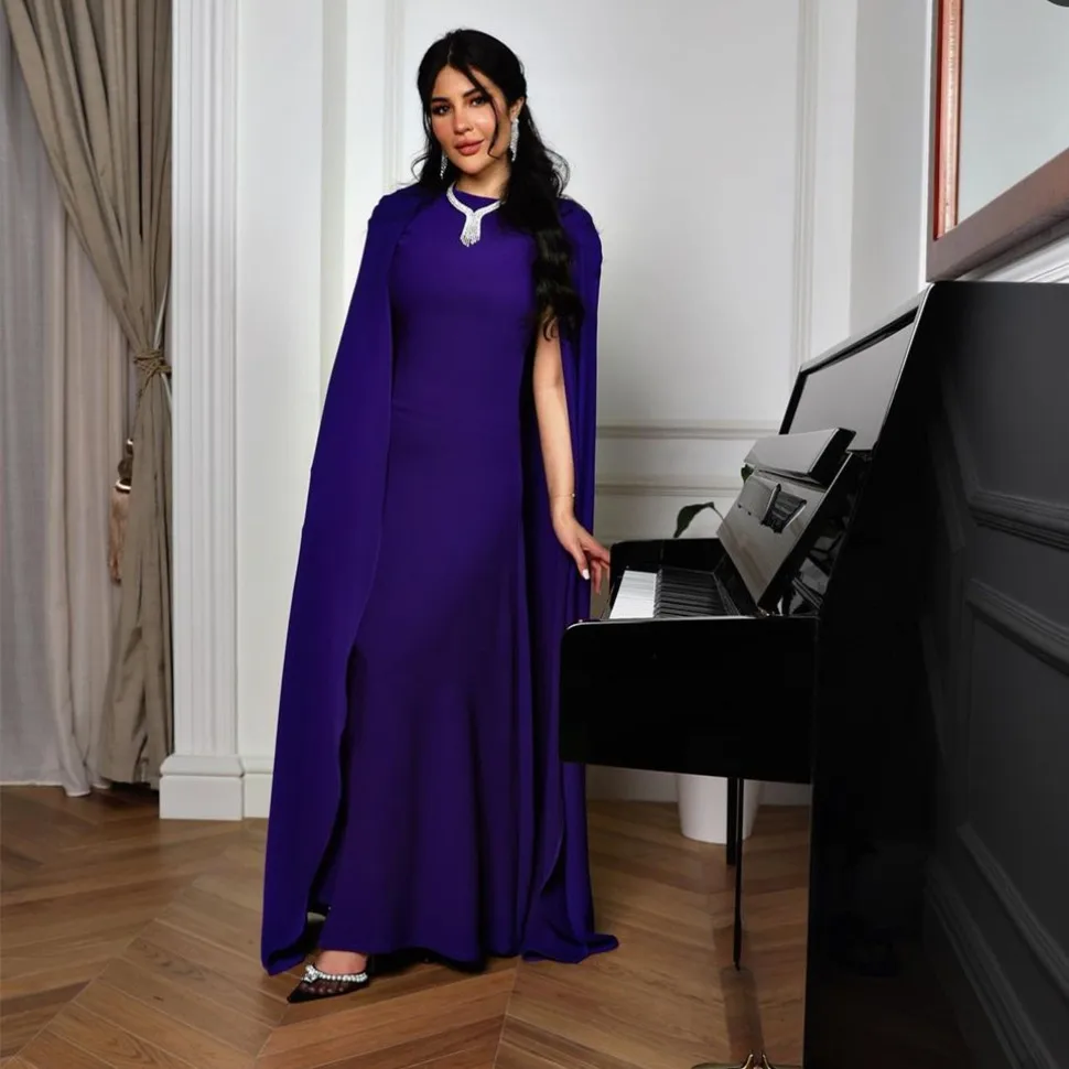

Elegant Long Purple Crepe Evening Dresses with Cape Sheath O-Neck فساتين السهرة Floor Length Prom Dress for Women