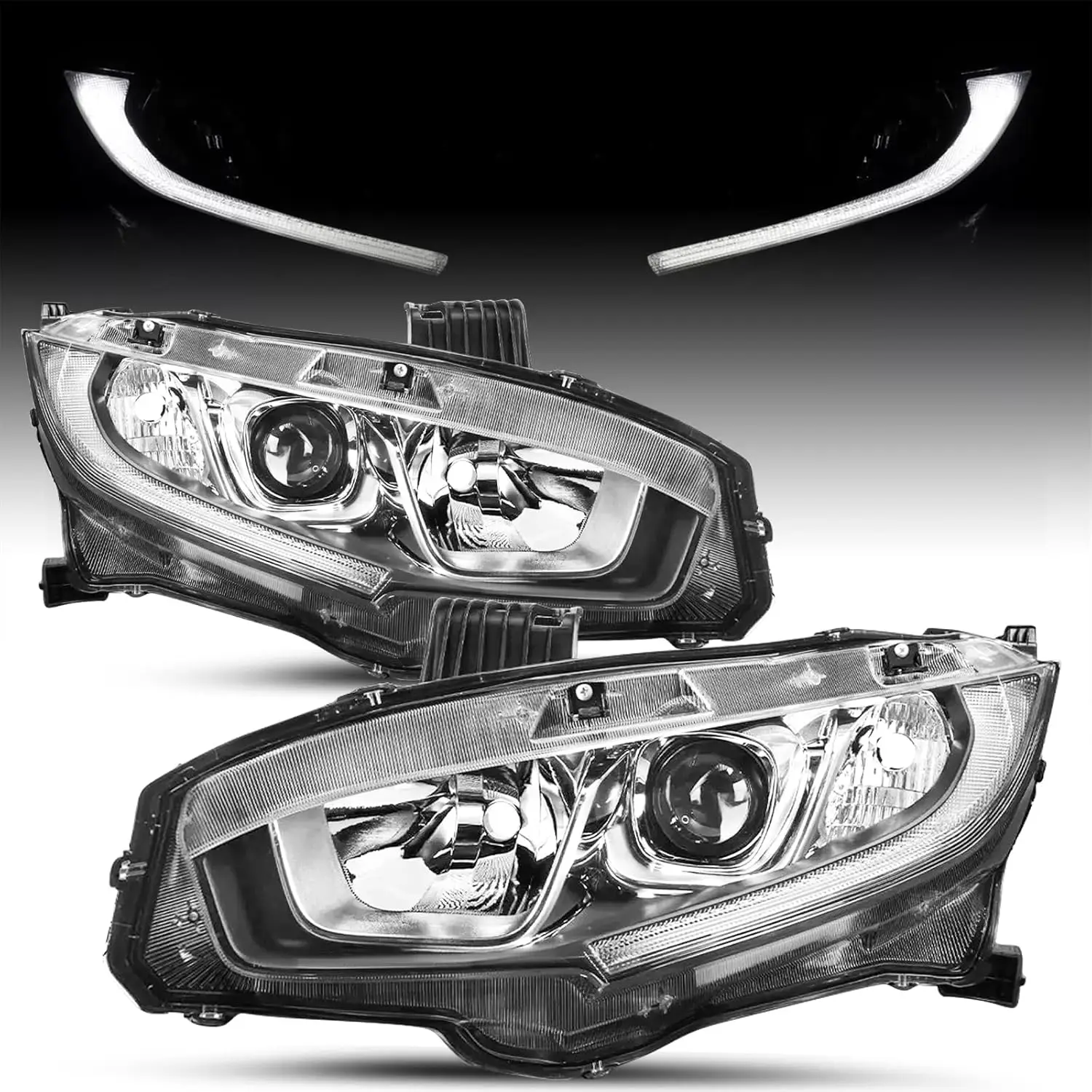 

Для Honda Civic 2016-2021 годов [Halogen Type со светодиодной подсветкой DRL] OEM-проектор, хромированный корпус, сменная пара фары в сборе (Dr