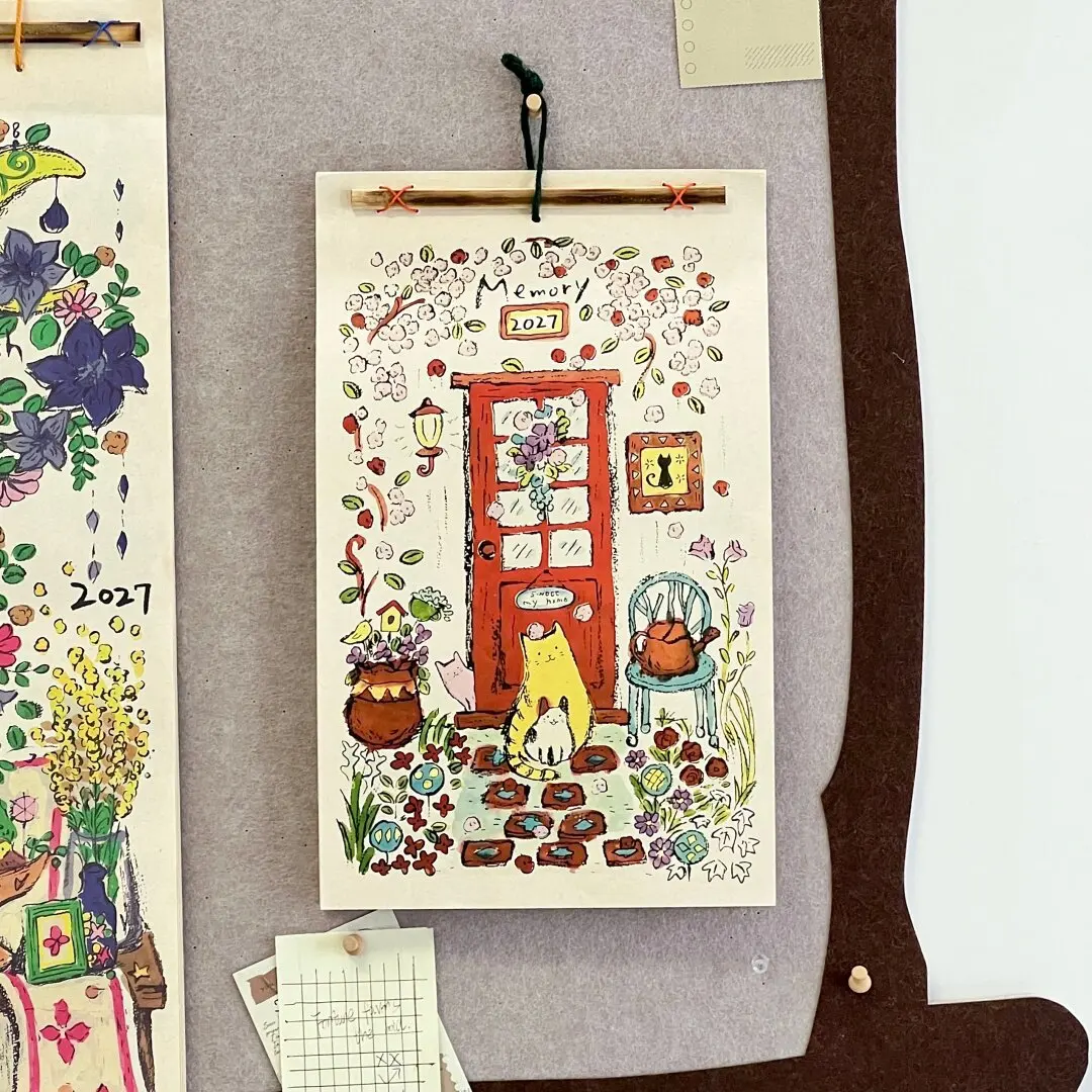 2027 Cute Doodle Cat Illustration Wall Hanging Calendar Monthly Planner Schedule Tracker Vintage Art Print Calendar Room Decor