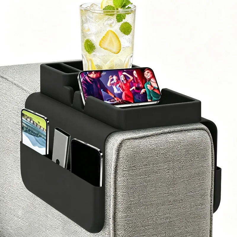 Sofa Cup Holder with Side Pocket Silicone Sofa Armrest Tray Dual Slot Beverage Snack Storage Phone Remote Control Organizer