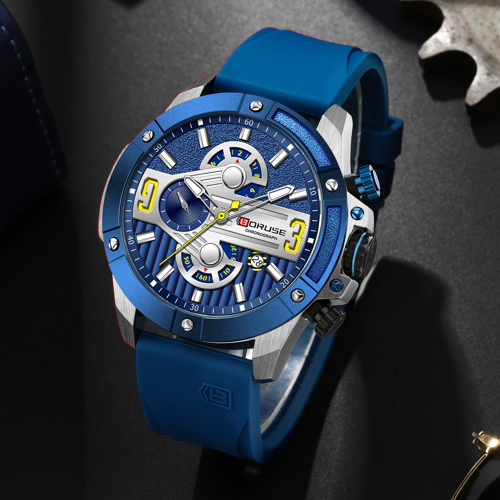 BORUSE Business Quartz Blue Watch for Men Luxury Wristwatches Chronograph Waterproof Casual Clock Montre Homme