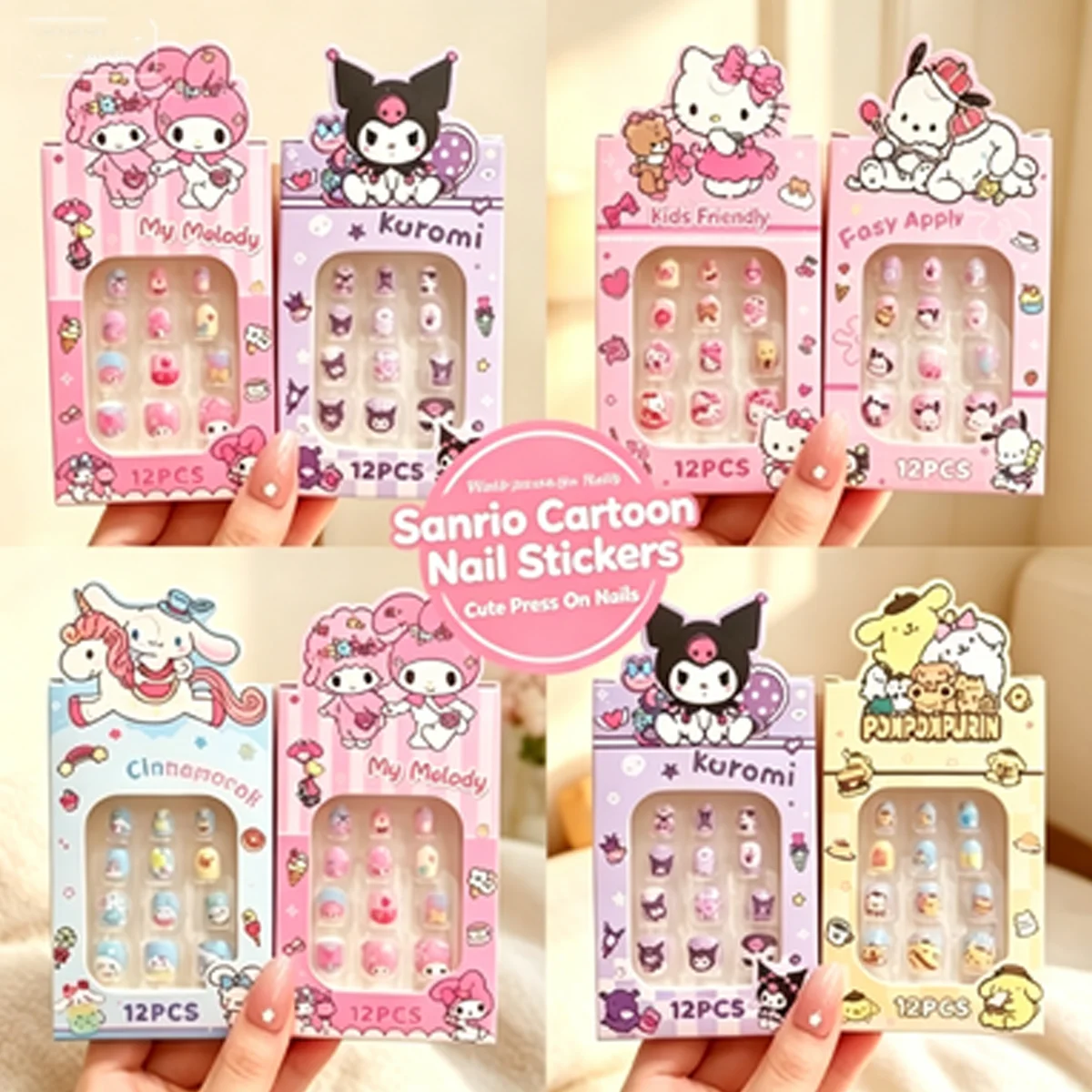 Sanrio 12Pcs Kids False Nails Set My Melody Kuromi Cinnamoroll Hello Kitty Pochacco Press On Nails Cute Cartoon Fake Nail Tips f