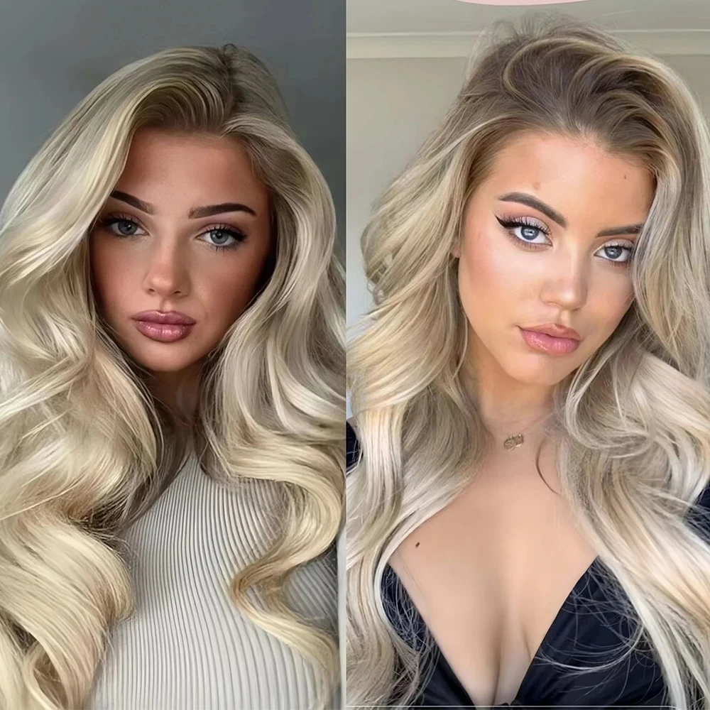 Ombre Creamy Blonde Wig Natural Wavy Synthetic Hair Loose Wave Free Part Ash Rooted 13x4 Highlight Wigs for Women Daily Party
