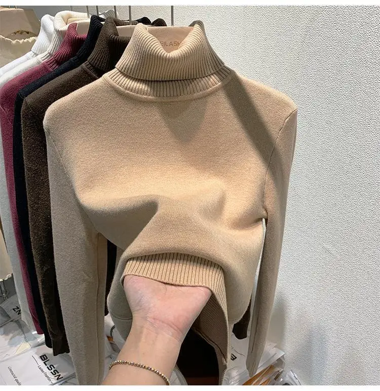2025 New Thicken High Collar Pullover Women's Sweater Top Winter Warm and Soft Solid Color Inner Wear Bottoming Shirt