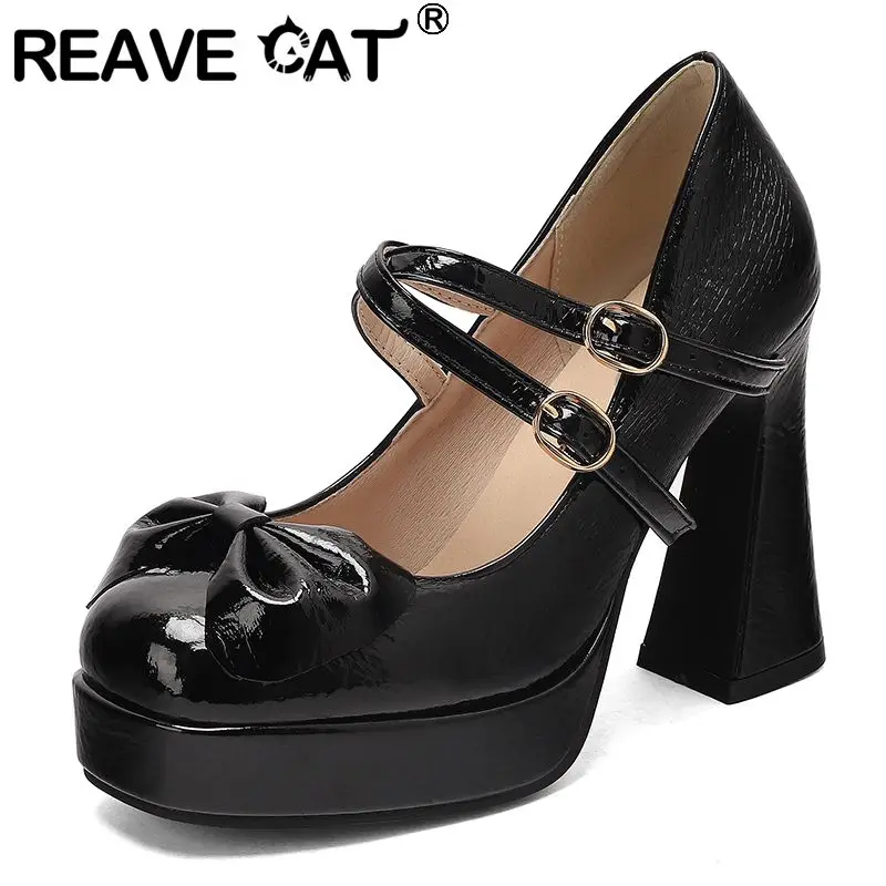 

REAVE CAT Pink Women Pumps Square Toe 10.5cm Block Heel 2.5cm Platform Buckle Strap Bowknot Plus Size 43 44 45 Sexy Dating Shoes