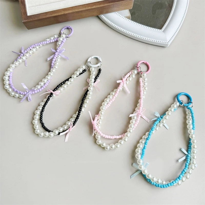 Bow Pearl Beads Phone Lanyard Double Chain Anti-Loss Phone Straps Wristband Bag Camera Keychain Pendant For Iphone Huawei Xiaomi