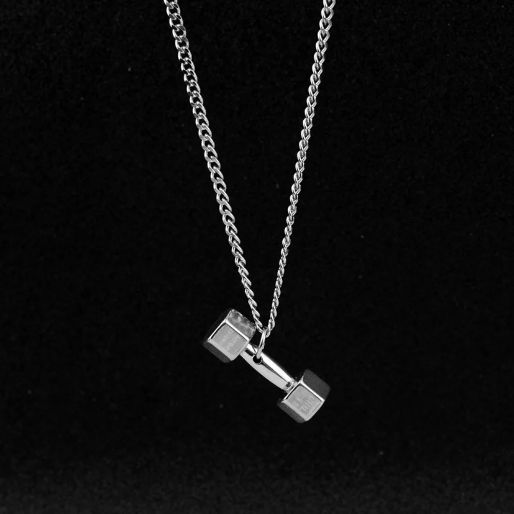 Hip-Hop-Hantel-Anhänger Lange Halskette Retro Silberfarben Edelstahl Herrenhalskette Einfache Pulloverkette Schmuck – Detail 3