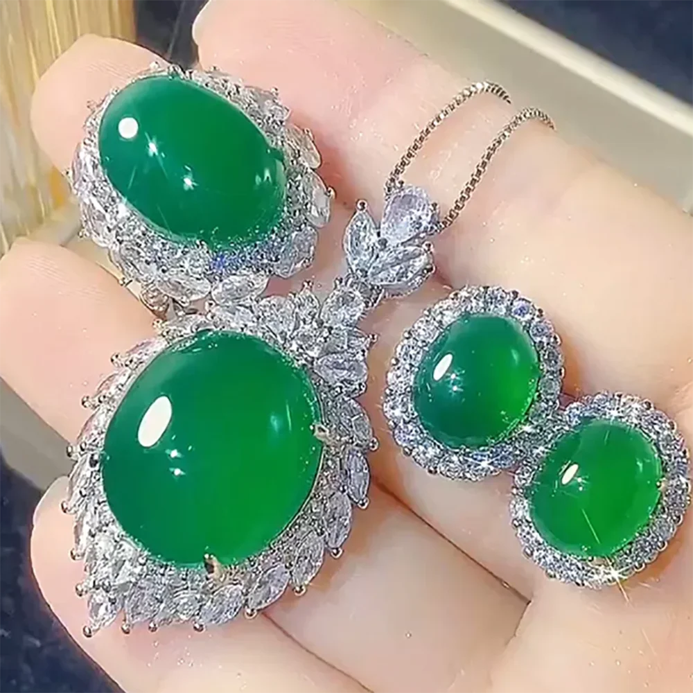 Emerald Necklace Pendant Ring Earrings Lab Diamond Gemstone Wedding Party Fine Jewelry Set