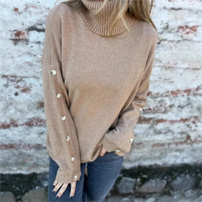 

Women Autumn Winter Knitted Sweaters Long Sleeve Turtleneck Button Decoration Sweater Tops Ladies Casual Jumper