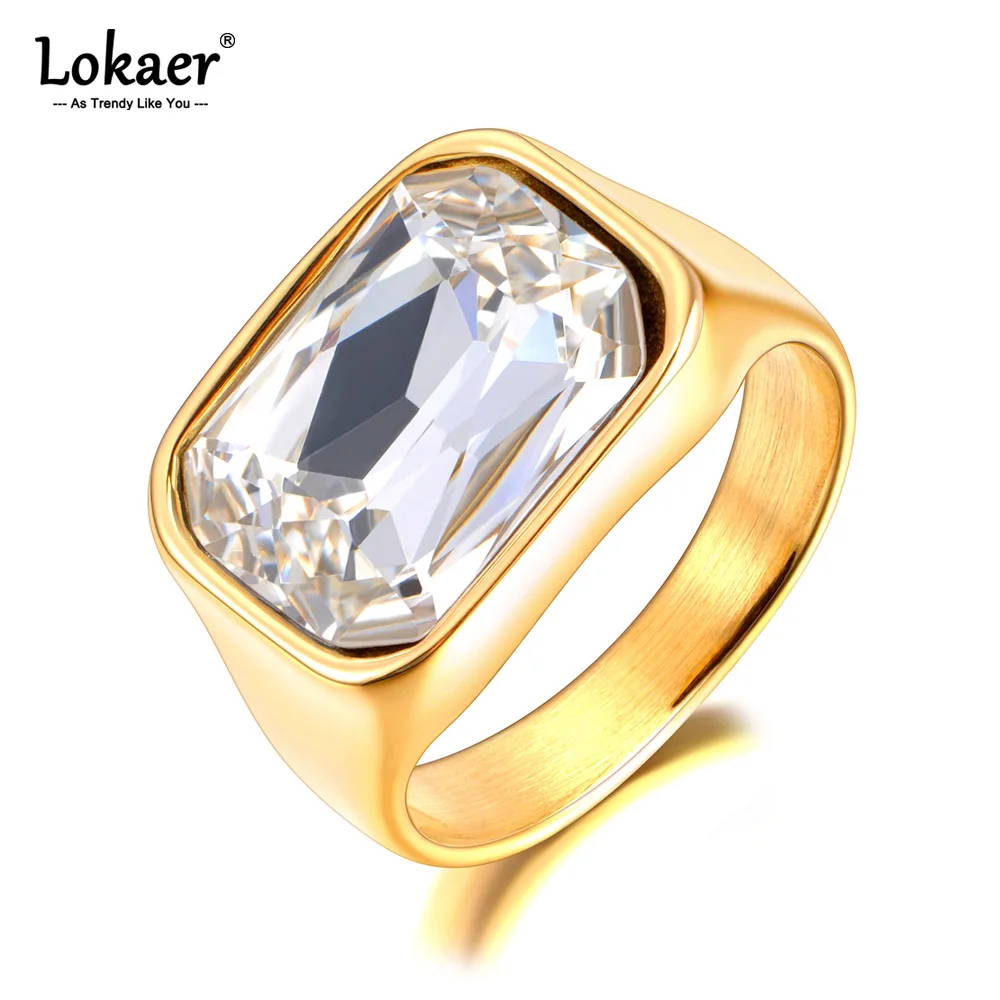 Lokaer Luxury Shiny Cubic Zirconia Stainless Steel Wedding Statement Ring 18K PVD Gold Plated Fashion Waterproof Jewelry R24007