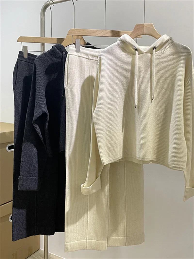 Pullover for Women 2023 New 100% Cashmere Hooded Long-Sleeved Sweater or Elastic Waist Drawstring Loose Straight Pants