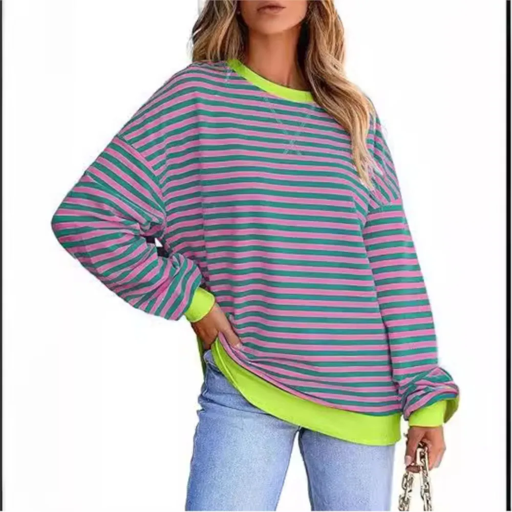 Women's Sport Hoodies 2024 Korean Casual Round Neck Long Sleeved Contrasting Striped Sweatshirt Pullover Women's Top Hoody