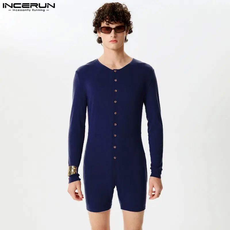 INCERUN 2024 Men Rompers Solid Color Skinny O-neck Long Sleeve Bodysuits Homewear Button Casual Leisure Male Playsuits Pajamas