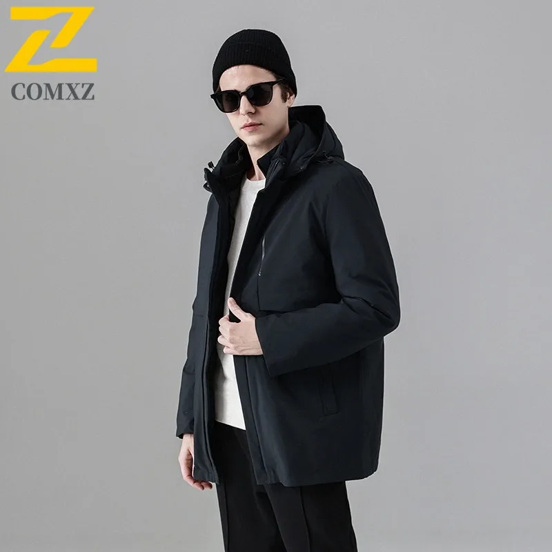 COMXZ Winter Hooded Down Jacket Men Loose Fit Solid Color White Duck Down Top Youth Minimalist Thermal Fashion Casual Sport Coat
