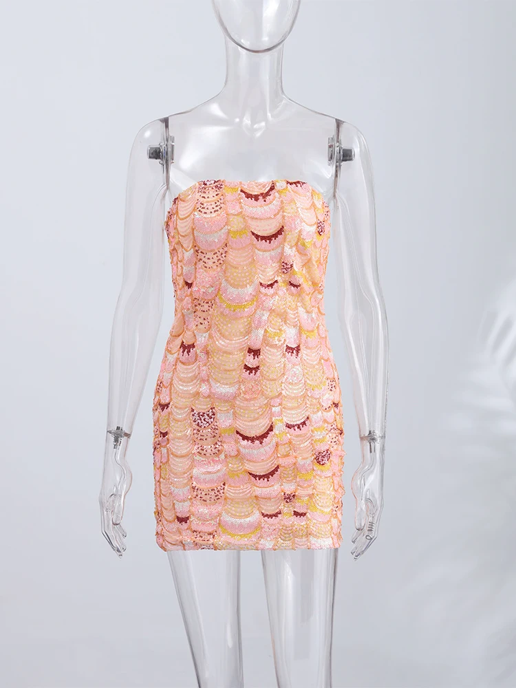 Paillettenbesetztes Trägerloses Mini-Bodycon-Kleid Sexy Ärmelloses Rückenfreies Taillenschnürendes Hüftbetontes Kleid Glänzendes Damen-Partykleid – Detail 3