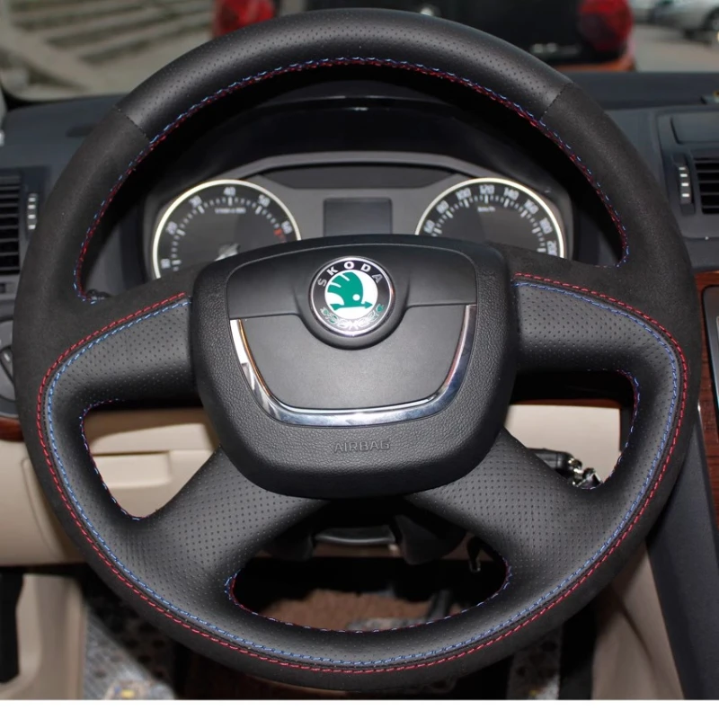 For Skoda Octavia Fabia Superb Roomster 2009-2012 Citigo 2011 2012 hand stitched Genuine Leather Car Steering Wheel Cover