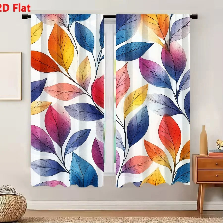 2Pcs Curtains 2D Flat Vibrant Colorful Repeating Pattern Stylized Leaves On Thin Stems With Gradient Shading And Fine Black Vein
