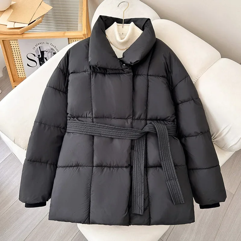 Korean Version of The New Medium Long Loose Stand Collar Down Jacket with Belt, Women Winter Solid Color Warm Zipper Padded Coat