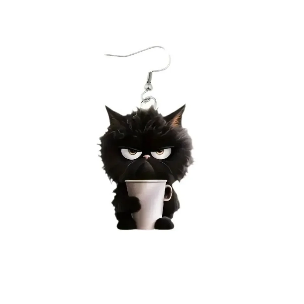المرأة 2D شقة غاضبة القط الأسود الاكريليك الأقراط أزياء لطيف الحيوانات الصغيرة أقراط فريدة للفتيات اكسسوارات شخصية هدية