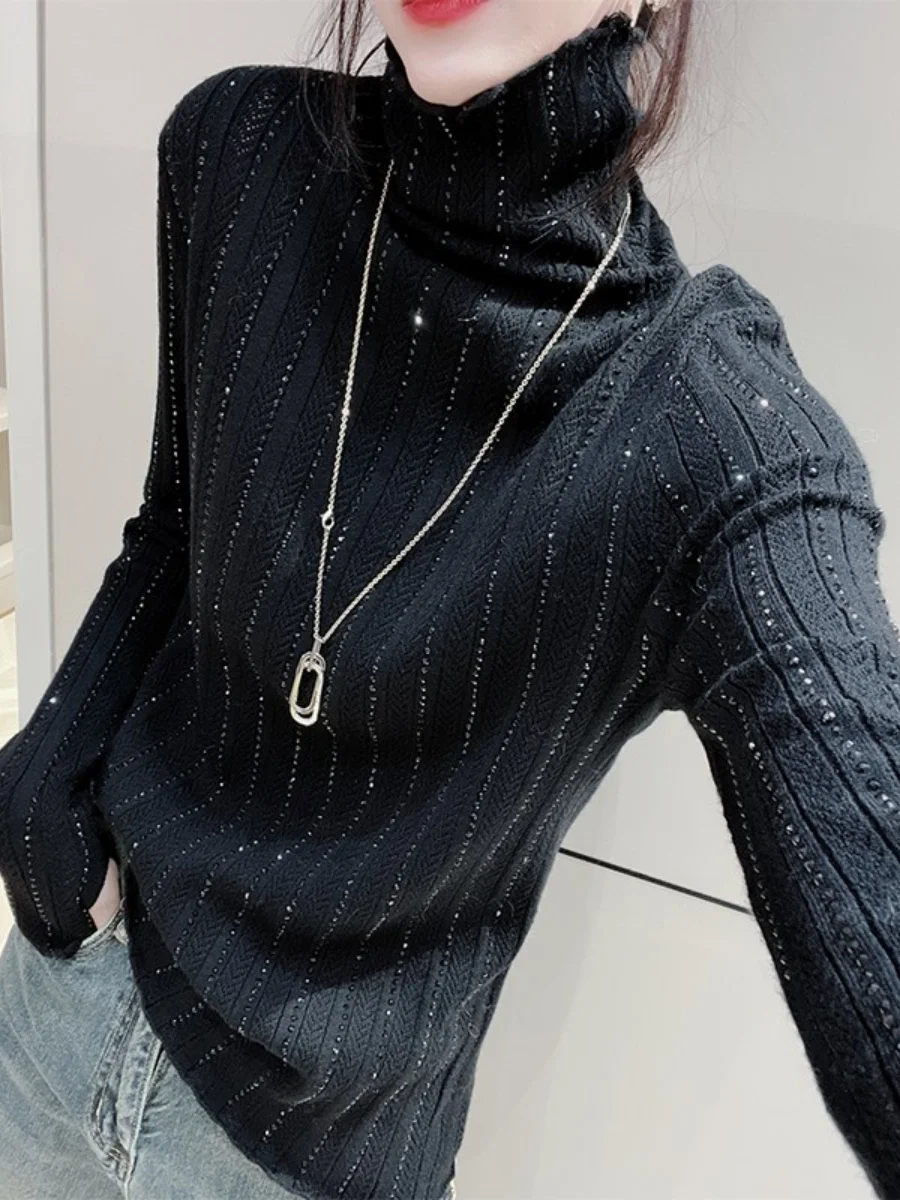 Autumn Winter 2023 White Turtleneck Long-Sleeve Women Heavy Rhinestones Shiny Black Bottoming Shirt Pullover Sweater Top