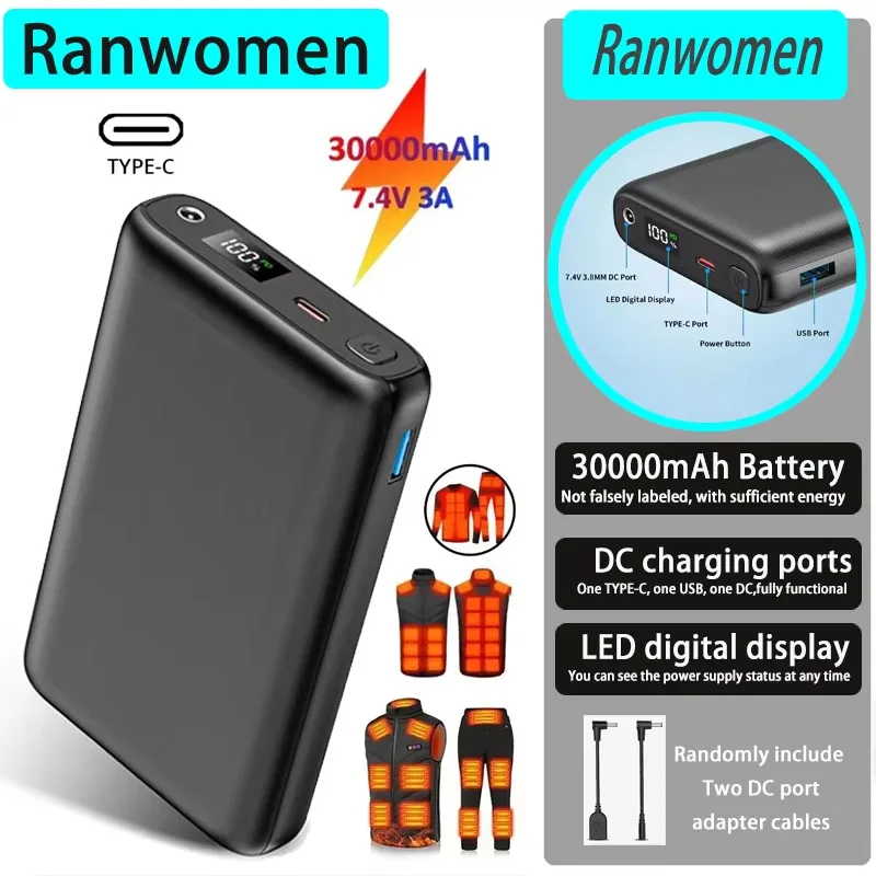 

Power Bank DC Charge Port 30000mAh Portable LED Display Fast Charge 7.4V Interfaces Light Weight For Phone Heating Clothing
