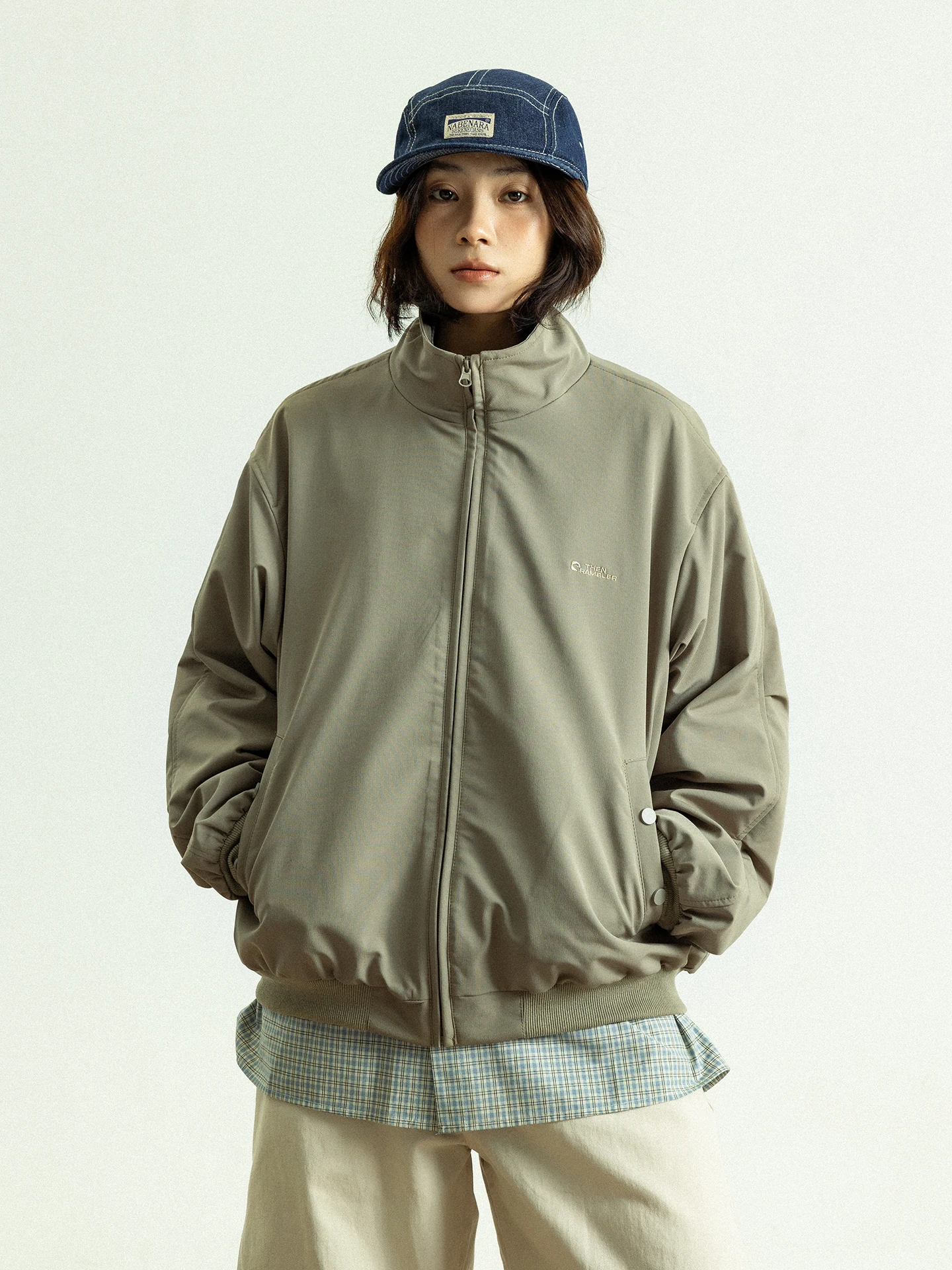 GoodNorth Spring Vintage ape Stand Collar Jaet ex Loose Sports Casual Jaet Polyester Fiber Long Sve Zipper Closure