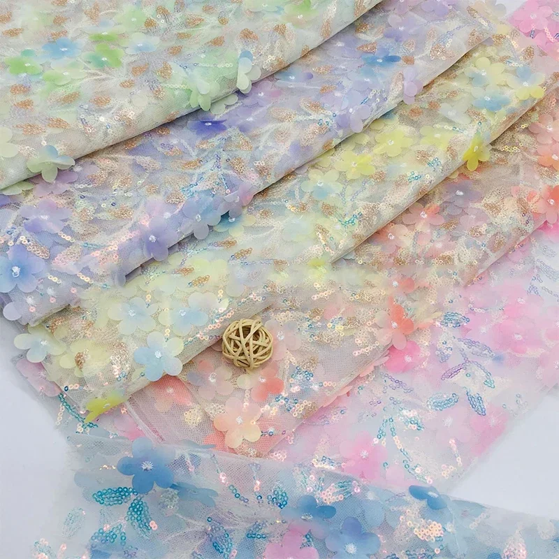 

1m Sparkling Sequin Embroidered Mesh Fabric Laser Print Floral Design Cloth for Kids' Dresses Spring Summer Skirts DIY Sewing