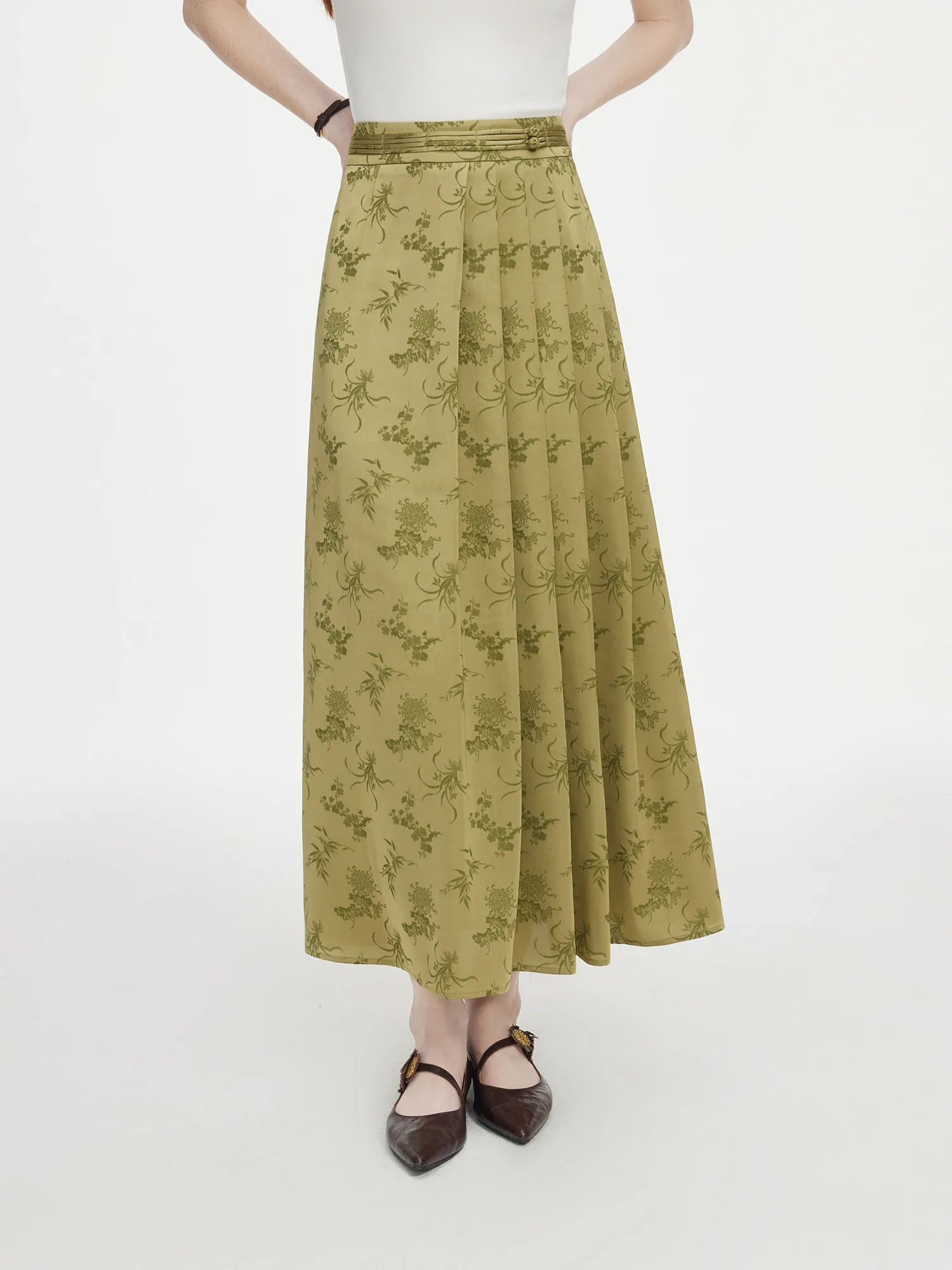 

FSLE New Chinese Style Women Midi Long Skirts Buttoned Waist Asymmetrical Pleated Skirt Female Autumn Bottoms 24FS13306