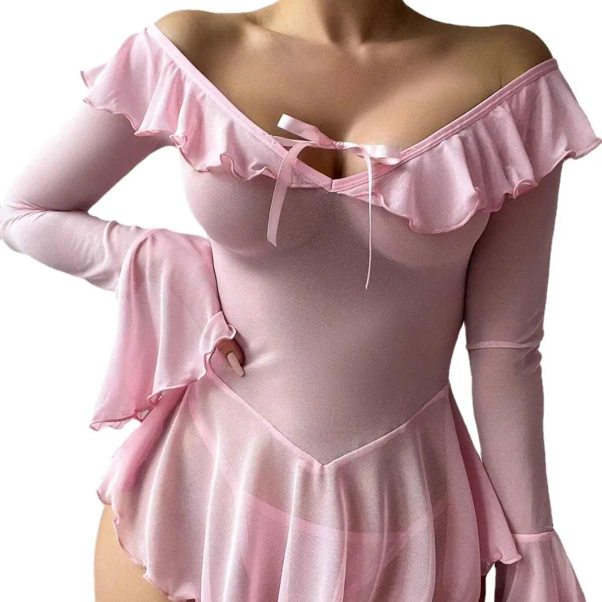 

Sexy Body Lingerie Women Flare Sleeve Baby Dolls Ladies Ruffled Sweet Girl Transparent Mini Dress Erotic Costume latex bodysuit