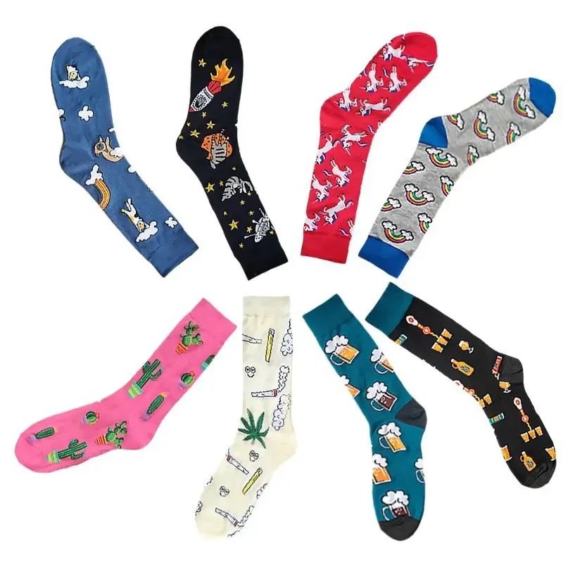 Fashion large size men's hip hop Harajuku happy socks animal dog flamingo plant cactus funny novelty skateboard crew socks