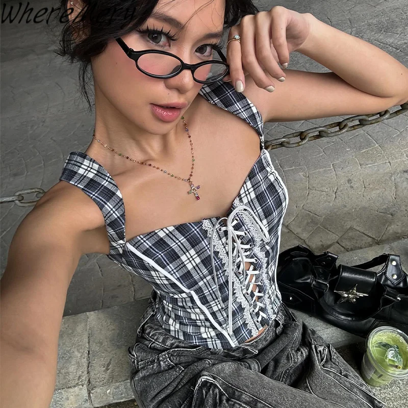 WhereMery مثير فحص طباعة المحاصيل القمم Y2K عادية أكمام سليم اليومية سترة الصيف ل 2025 المرأة موضة الشارع الشهير بروتيل