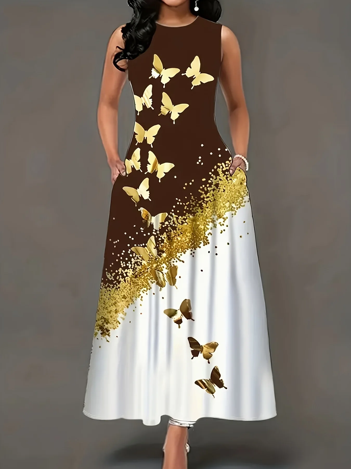 Neues Sommerkleid mit Farbverlauf und Schmetterlingsdruck, ärmellos, locker und figurschmeichelnd mit Taschen, eleganter langer Rock – Detail 4
